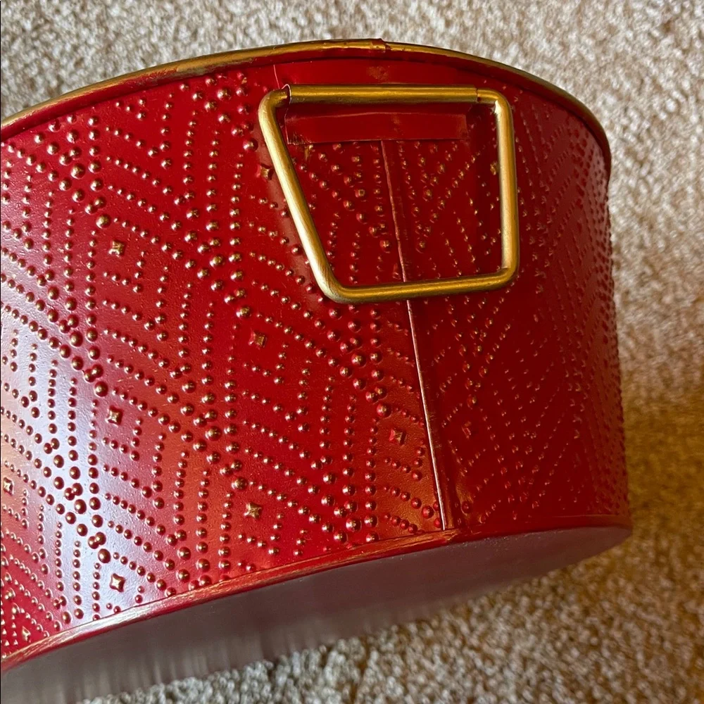 Decorative Red Metal Storage Tub with Gold Pattern